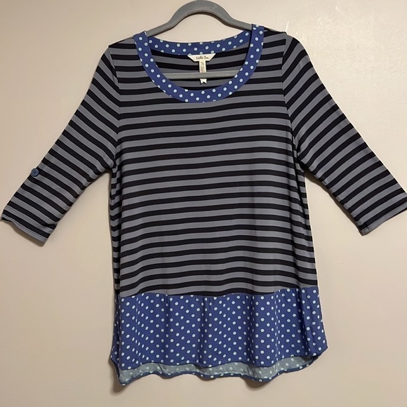 Matilda Jane Size M Top Blue Gray Stripe Polka Dot Let's Get Lost Peplum. - Picture 2 of 11